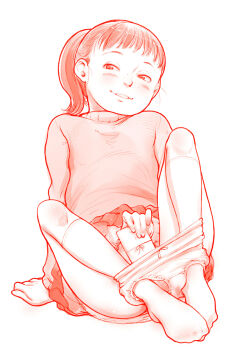 1girl artist_request blush convenient_censoring flat_chest kneehighs loli monochrome naughty_face original panties panty_pull socks stained_panties tagme thighs underwear