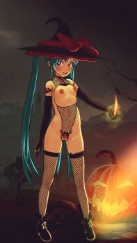 1girl 3d arm_tattoo blue_hair blush body_blush breastless_clothes breasts clitoral_hood clitoris collar crotchless earrings elbow_gloves erect_clitoris exhibitionism feet female_focus fire fishnet_thighhighs fishnets fire freckles full_body functionally_nude gloves graveyard halloween halloween_costume hat highres jack-o'-lantern jewelry kyoshourz large_areolae loli long_hair long_twintails looking_at_viewer masaki_sasami_jurai nail_polish navel night nipple_piercing nipple_rings open_mouth outdoors perky_breasts piercing pink_nails pubic_tattoo public_indecency purple_eyes pussy ring small_breasts smile solo standing tareme tattoo teeth tenchi_muyou! thigh_gap thighhighs tombstone tree twintails upper_teeth_only very_long_hair witch witch_hat