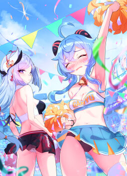 2girls absurdres ahoge alternate_costume animal_ears aqua_hair arm_up armpits bell black_panties black_skirt blue_skirt blush breasts character_name cheerleader cleavage ganyu_(genshin_impact) genshin_impact goat_ears goat_horns hair_between_eyes hair_ornament highres horns long_hair looking_at_viewer looking_back medium_breasts multiple_girls navel neck_bell open_mouth panties pleated_skirt pom_pom_(cheerleading) raguredo shenhe_(genshin_impact) skirt stomach underwear very_long_hair white_hair