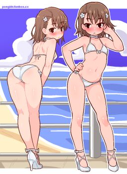 1girl ass beach bent_over bikini blush breasts brown_eyes brown_hair choker closed_mouth cloud day flower from_behind full_body hair_flower hair_ornament hairpin halterneck hand_on_own_hip high_heels leaning_forward loli looking_at_viewer looking_back medium_hair misaka_mikoto multiple_views navel ocean outdoors pongldr sand shoes sky small_breasts standing strappy_heels swimsuit toaru_kagaku_no_railgun toaru_majutsu_no_index water white_bikini white_flower white_shoes