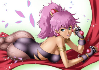 1990s_(style) 1girl ass blue_eyes breasts caldina cape cherry_blossoms clamp dark_skin dark-skinned_female earrings female_focus fingerless_gloves gloves jewelry large_breasts long_hair looking_at_viewer lying magic_knight_rayearth on_side pantyhose parted_lips pink_hair ponytail rakusai_(saisai_garou) rakutoki retro_artstyle revealing_clothes sideboob smile solo