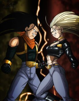 1girl abs android_18 blonde_hair blue_eyes boots brother_and_sister dragon_ball dragon_ball_gt fighting_stance fusion high-waist_pants highres jacket leather leather_jacket long_hair pants siblings super_android_17 thigh_boots un_koshin1402
