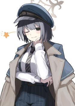 1girl arm_under_breasts belt black_hair black_necktie blue_archive brown_coat closed_mouth coat coat_on_shoulders collared_shirt commentary_request diagonal-striped_clothes diagonal-striped_necktie green_hat green_pants halo hat head_rest highres hiromi_(blue_archive) long_sleeves looking_at_viewer necktie one_eye_closed pants peaked_cap shirt short_hair smile solo standing star_(symbol) striped_clothes suspenders tap_(vjnm2724) white_background white_shirt