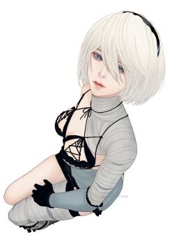 1girl 2b_(nier:automata) bandaged_arm bandaged_leg bandaged_neck bandages black_gloves black_hairband blue_eyes blue_negligee breasts cleavage closed_mouth cosplay from_above gloves hair_between_eyes hairband kaine_(nier) kaine_(nier)_(cosplay) looking_at_viewer medium_breasts mitsuki_nite mole mole_under_mouth nier:automata nier_(series) short_hair single_bare_shoulder solo white_background white_hair