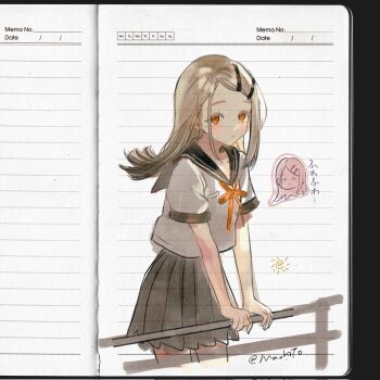 1girl black_sailor_collar black_skirt blonde_hair bow bowtie breast_pocket closed_mouth collarbone colored_eyebrows colored_eyelashes fence gakuen_idolmaster highres holding idolmaster long_hair looking_at_viewer mallrn notebook orange_eyes paper paper_background parted_bangs pleated_skirt pocket sailor_collar shinosawa_hiro shirt sidelocks skirt solo standing white_shirt