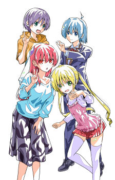 2boys 2girls absurdres ahoge ayasaki_hayate black_jacket black_pants black_shoes black_skirt blue_eyes blue_hair blue_shirt breasts butler child closed_mouth collarbone collared_shirt commentary_request creator_connection crossover feet_out_of_frame finger_counting frilled_shirt frills green_eyes hair_between_eyes hair_ornament hata_kenjirou hayate_no_gotoku! highres hood hood_down hoodie index_finger_raised jacket l_hand leaning_forward long_hair long_sleeves miniskirt multiple_boys multiple_girls neck_ribbon open_mouth orange_hoodie pants pink_hair pink_shirt pleated_skirt print_skirt purple_hair red_eyes red_ribbon red_skirt ribbon sanzen&#039;in_nagi shirt shoes short_hair short_sleeves simple_background skirt sleeveless sleeveless_shirt smile standing thighhighs tonikaku_kawaii twintails v w white_background white_shirt white_thighhighs yuzaki_nasa yuzaki_tsukasa zettai_ryouiki