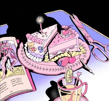 anatomy birthday_cake black_background blue_bow bone book bow cake cake_slice candle cherry choo cup dessert drinking_glass exposed_muscle fire floral_print food fruit heart high_contrast highres icing lemon lemon_slice lemonade limited_palette no_humans original plate scissors sprinkles star_(symbol) still_life stirrer strawberry strawberry_slice stuffed_animal stuffed_toy table teddy_bear