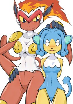 10s 2girls blush breasts female_focus furry furry_female gen_4_pokemon gen_5_pokemon hand_on_another's_head infernape monkey monkey_girl multiple_girls nintendo no_humans pokemon pokemon_(creature) pokemon_bw simipour uranoyoru