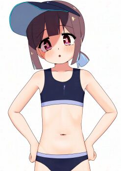 1girl :o bare_arms bare_shoulders black_buruma black_sports_bra blue_hair blush brown_hair buruma collarbone cowboy_shot flat_chest hands_on_own_hips happyundergate highres hozuki_momiji loli looking_at_viewer multicolored_hair navel onii-chan_wa_oshimai! open_mouth ponytail red_eyes short_hair short_ponytail simple_background solo sports_bra stomach two-tone_hair visor_cap white_background