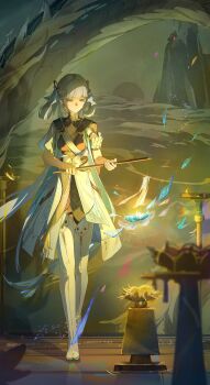 1girl absurdres black_collar black_dress boots bow breasts coat collar commentary_request dress earrings hair_bow hair_rings highres holding huqu_(huqu45712) jewelry jinhsi_(wuthering_waves) long_hair looking_down medium_breasts multiple_hair_bows solo thigh_boots twintails very_long_hair white_bow white_coat white_eyes wuthering_waves