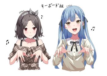 Rule 34 | 2girls, bang dream!, bang dream! it's mygo!!!!!, black ribbon, blue hair, blush, brown shirt, character name, closed mouth, commentary, ebizuka tomo, genre connection, girls band cry, grey hair, hair ribbon, hairband, highres, instrument connection, kikugawa roku, long hair, long sleeves, multiple girls, musical note, neck ribbon, off-shoulder shirt, off shoulder, open mouth, plaid clothes, plaid shirt, red eyes, ribbon, shirt, short hair, simple background, teeth, togawa sakiko, translated, upper teeth only, white background, white hairband