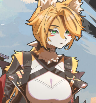 1girl animal_ear_fluff animal_ears blonde_hair blue_sky body_fur bra breasts cat_ears cat_girl cleavage collar commentary english_commentary furry furry_female green_eyes large_breasts long_hair looking_at_viewer multicolored_fur open_mouth portrait pulchra_fellini sky solo underwear user_ptdu4788 white_bra yellow_fur zenless_zone_zero