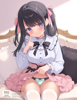 1girl aqua_panties ass black_bow black_hair blush bow bow_panties bow_skirt breasts center_frills closed_mouth clothes_lift commentary_request couch cowboy_shot crotch_seam flashing frilled_pillow frilled_shirt_collar frilled_skirt frills grey_shirt hair_ribbon hand_up high-waist_skirt highres index_finger_raised large_breasts lifting_own_clothes long_hair long_sleeves miniskirt nikki_(n2kkey) on_couch original panties parted_bangs picot_trim_panties pillow pink_ribbon pink_skirt purple_eyes ribbon shirt shirt_tucked_in sitting skirt skirt_lift smile solo swept_bangs thighhighs two_side_up underwear watermark white_thighhighs
