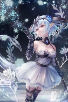 1girl aqua_hair armored_gloves breasts cleavage collarbone dragon_girl dragon_horns dress elbow_gloves filene_(shadowverse) flower garter_straps gloves hair_between_eyes hair_ornament highres holding holding_polearm holding_weapon horns looking_up lotus medium_breasts nina_(maurururoa) open_mouth pink_eyes polearm shadowverse snowflakes solo strapless strapless_dress weapon white_dress white_gloves