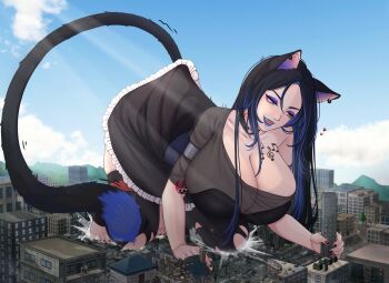1girl absurdres animal_ears artist_name black_dress black_socks breasts builgamo cat_ears cat_tail city commission destruction dress giant giantess highres kneeling large_breasts long_hair multicolored_eyes nail_polish ray-art2.0 socks tail tatutaniyuuto