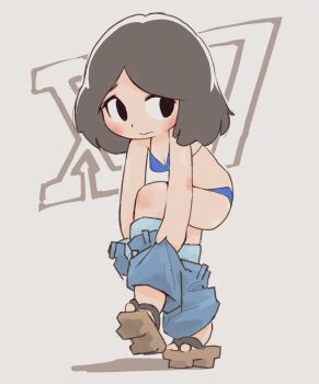 1girl bikini black_eyes blue_bikini blush breasts brown_hair cleavage denim denim_shorts dot_nose dressing forehead full_body geta grey_background highres large_breasts leaning_forward leg_up looking_to_the_side no_socks original shadow short_hair shorts simple_background sirukure solo swimsuit