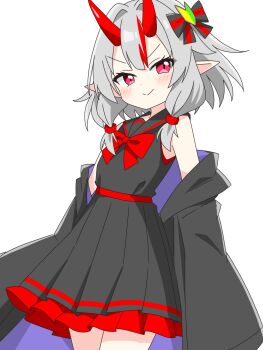 1girl bare_shoulders black_bow black_coat black_dress blush bow bowtie closed_mouth coat commentary_request cowboy_shot dot_nose double-parted_bangs dress frilled_dress frills grey_hair hair_ornament highres horns kotatsu-mazoku long_sleeves looking_at_viewer multicolored_hair off_shoulder open_clothes open_coat original pleated_dress pointy_ears red_bow red_bowtie red_eyes red_hair red_horns shoshinsha_mark shoshinsha_oni_girl_(kotatsu-mazoku) sidelocks simple_background single_hair_streak sleeveless sleeveless_dress smile solo striped_bow two-tone_hair white_background