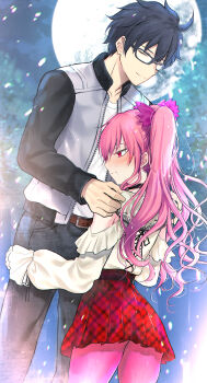 Rule 34 | 1boy, 1girl, absurdres, black hair, blush, closed eyes, commentary request, commission, dainatsu, dead apostle noel (tsukihime), full moon, glasses, height difference, highres, hug, jacket, long hair, moon, night, noel (tsukihime), pink hair, pixiv commission, red eyes, skirt, smile, snowing, tohno shiki, tsukihime