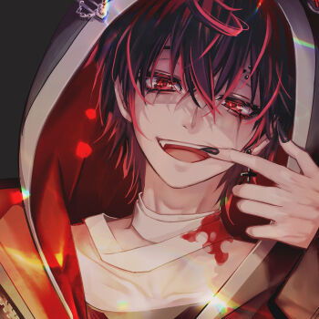 Rule 34 | 1boy, bandaged neck, bandages, black nails, earrings, eyebrow piercing, face piercing, fangs, highres, hood, hood up, indie virtual youtuber, jewelry, kuro kurenai, looking at viewer, male focus, open mouth, pandapen-lalala, piercing, red eyes, single earring, solo, teeth, virtual youtuber