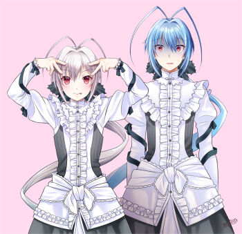 2boys antenna_hair blue_hair cosplay cowboy_shot crossover dress facing_viewer frilled_dress frills looking_at_viewer multiple_boys rance_(series) red_eyes reincock reincock_(cosplay) sakurakouji_saika short_hair trap tsuki_ni_yorisou_otome_no_sahou_2 uraka v white_dress white_hair