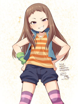 +++ 1girl artist_self-insert bad_id bad_pixiv_id bare_arms bare_shoulders black_shorts blue_vest blush brown_hair forehead grin hands_on_own_hips head_tilt idolmaster idolmaster_cinderella_girls koseki_reina long_hair looking_at_viewer open_clothes open_vest purple_eyes shirt short_shorts shorts smile solo_focus striped_clothes striped_shirt striped_thighhighs thighhighs translation_request uccow very_long_hair vest