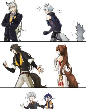 2girls 4boys ahoge anger_vein animal_ear_fluff animal_ears bare_shoulders belle_(zenless_zone_zero) black_hair black_jacket black_pants black_shirt blue_hair brother_and_sister brothers brown_hair cat_ears cat_tail clenched_hand commentary commentary_request cowboy_shot crossed_arms detached_sleeves dress dyddkzk english_commentary grey_hair grey_pants grey_shirt highres jacket long_hair long_sleeves multiple_boys multiple_girls necktie open_mouth pants seth_lowell severian_lowell shirt short_hair siblings standing tail thumbs_up very_long_hair white_dress wise_(zenless_zone_zero) ye_shiyuan ye_shunguang yellow_necktie zenless_zone_zero
