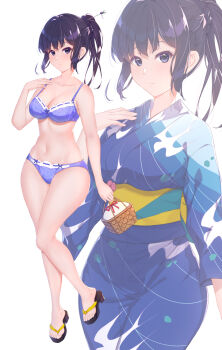 Rule 34 | 1girl, black hair, blue bra, blue eyes, blue kimono, blue panties, bra, breasts, commentary, full body, hibike! euphonium, highres, japanese clothes, kimono, kousaka reina, kurenaiz (kureniz), long hair, looking at viewer, medium breasts, navel, obi, panties, ponytail, sash, sidelocks, simple background, solo, stomach, underwear, underwear only, white background, zoom layer