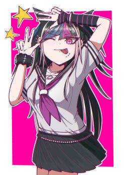 Rule 34 | 1girl, :p, absurdres, black hair, commentary request, danganronpa (series), danganronpa 2: goodbye despair, ear piercing, face piercing, hair horns, hands up, highres, jewelry, long hair, mioda ibuki, mouth piercing, multicolored hair, open mouth, piercing, pink background, pink eyes, pink hair, pink streaks, sailor collar, school uniform, serafuku, shirt, short sleeves, skirt, smile, solo, streaked hair, tongue, tongue out, umi kani uni, v, white background, white hair, white streaks