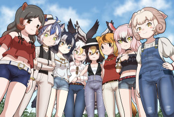 alternate_costume animalization bald_eagle_(kemono_friends) belt black_eyes brown_eyes denim formal_clothes golden_snub-nosed_monkey_(kemono_friends) greater_flamingo_(kemono_friends) grey_wolf_(kemono_friends) hat highres hippopotamus_(kemono_friends) jeans kemono_friends kemono_friends_3 looking_at_viewer maltese_tiger_(kemono_friends) multiple_girls northern_goshawk_(kemono_friends) overalls pants red_sweater sheep_(kemono_friends) shirt short_shorts shorts sky suit sunglasses sweater white_shirt white_suit winged_hat wings yellow_eyes