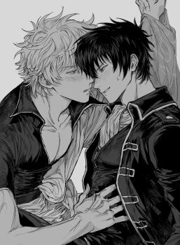 2boys ascot blush collarbone commentary_request gintama greyscale highres hijikata_toushirou imminent_kiss jacket japanese_clothes looking_at_another male_focus messy_hair monochrome multiple_boys parted_lips pectoral_cleavage pectorals sakata_gintoki short_hair upper_body veins veiny_hands yaoi yayarunaway