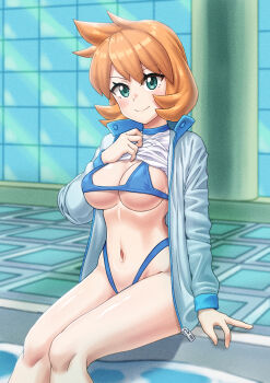 1girl absurdres bikini bikini_under_clothes blue_bikini blush breasts cleavage closed_mouth clothes_lift collarbone competition_swimsuit els_(ljhlee12) female_focus green_eyes gym_leader hand_up highleg highres indoors jacket knees large_breasts legs legs_together lifting_own_clothes long_sleeves looking_at_viewer medium_hair misty_(pokemon) navel nintendo nipples one-piece_swimsuit open_clothes open_jacket orange_hair pokemon pokemon_hgss pool poolside shirt shirt_lift short_hair sitting smile solo sportswear stomach swimsuit swimsuit_under_clothes thick_thighs thighs tile_floor tiles track_jacket water