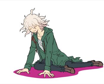 black_pants closed_eyes coat danganronpa_(series) danganronpa_2:_goodbye_despair full_body green_coat grey_hair highres hood hooded_coat komaeda_nagito open_clothes open_coat pants shirt simple_background white_background white_shirt youko-shima