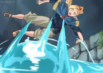 1girl artist_name blonde_hair blue_capelet blue_robe blue_tunic capelet cobblestone commentary dungeon_meshi elf english_commentary feet green_eyes highres jojo_no_kimyou_na_bouken everyone_get_in_the_car_(meme) jumping koolaidbois long_hair long_pointy_ears marcille_donato meme parody pointy_ears robe sandals scene_reference solo toes tunic twitter_username water