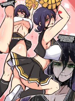 1girl alternate_breast_size_(larger) ass black_hair black_panties black_skirt breasts chainsaw_man cheerleader crop_top english_text green_eyes hair_bun highres jealous large_breasts leg_lift mark_gavatino panties pom_pom_(cheerleading) reze_(chainsaw_man) shirt skirt underboob underwear white_shirt