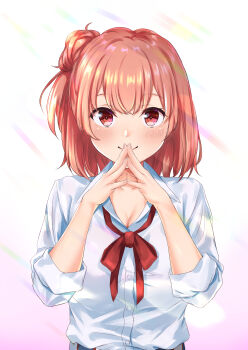 1girl absurdres blush breasts cleavage closed_mouth collarbone commentary_request gradient_background hair_bun hands_up highres lens_flare looking_at_viewer meri-san orange_eyes orange_hair own_hands_together pink_background school_uniform single_hair_bun single_side_bun sleeves_rolled_up sobu_high_school_uniform solo upper_body white_background yahari_ore_no_seishun_lovecome_wa_machigatteiru. yuigahama_yui