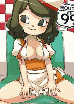 1girl animal_crossing apron black_eyes breasts closed_mouth collarbone diner fingernails green_hair high-waist_skirt highres indoors looking_to_the_side medium_breasts muramasa_mikado murana_(muramasa_mikado) nail_polish nintendo no_pupils open_clothes open_shirt orange_skirt pink_nails puffy_short_sleeves puffy_sleeves shirt short_hair short_sleeves sitting skirt smile solo swept_bangs tile_wall tiles unbuttoned unbuttoned_shirt villager_(animal_crossing) waist_apron waitress white_apron white_shirt