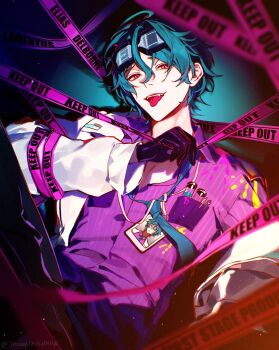1boy caution_tape elias_delborne eyewear_on_head first_stage_production gloves highres jacket jhsaqu7n3xfndy0 keep_out pink_eyes pink_shirt shirt tongue tongue_out virtual_youtuber white_jacket