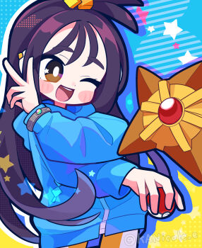 1girl absurdres black_hair blue_jacket blush blush_stickers bracelet bracelet_over_sleeve bright_pupils brown_eyes chibi commentary_request crossed_arms cube_hair_ornament dot_nose drop_shadow ear_piercing eyelashes gen_1_pokemon hair_ornament highres holding holding_poke_ball hood hood_down hooded_jacket jacket jewelry lida_(pokemon) long_hair long_sleeves mega_ring mega_stone nikoru nintendo one_eye_closed open_mouth piercing poke_ball poke_ball_(basic) pokemon pokemon_(creature) pokemon_legends:_z-a smile star_(symbol) staryu teeth twitter_username upper_teeth_only v white_pupils