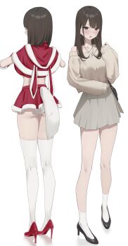 1girl absurdres animal_ear_hood ass bag black_bag black_hair black_shoes blush brown_hair brown_sweater earrings fake_animal_ears fake_tail from_behind full_body fur-trimmed_skirt fur_trim grey_skirt hair_between_eyes handbag hands_up heart heart_earrings high_heels highres hood hood_down jewelry legs long_hair long_sleeves microskirt midriff multiple_views necklace open_mouth original red_shoes red_skirt ring ring_necklace satellite999 shoes single_bare_shoulder skirt socks sweater tail teeth thighhighs thighs upper_teeth_only white_socks white_thighhighs