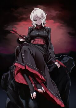 black_jacket black_skirt blue_eyes expressionless faust_(project_moon) feet gloves high_collar highres jacket limbus_company long_skirt long_sleeves one_eye_closed project_moon sitting skirt sleeves_past_wrists stirrup_legwear toeless_legwear tresmarrow white_hair wide_sleeves
