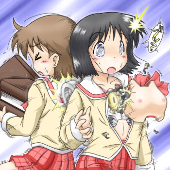 >_< 2girls aioi_yuuko android black_hair breasts brown_hair closed_eyes gaketsu highres mechabare motion_blur multiple_girls nichijou nipples open_mouth school_uniform shinonome_nano short_hair skirt small_breasts static tokisadame_school_uniform wardrobe_malfunction winding_key