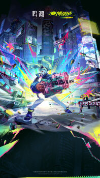 1girl black_jacket character_name colorful_background cyberpunk:_edgerunners cyberpunk_(series) dynamic_pose gauntlets green_hair gun highres holding holding_gun holding_weapon jacket logo long_hair official_art rebecca_(cyberpunk) solo standing twintails weapon wuthering_waves
