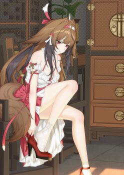 1girl absurdres adjusting_clothes adjusting_shoe animal_ears armband bare_shoulders breasts brown_hair brown_tail chair cleavage closed_mouth collar commentary_request cross-laced_clothes cross-laced_top droopy_ears frilled_armband frilled_collar frilled_shirt frilled_shirt_collar frills from_side hairband highres horse_ears horse_girl indoors knee_up large_breasts layered_skirt long_hair long_skirt looking_down multicolored_hairband official_alternate_costume on_chair plant potted_plant red_eyes red_shoes red_skirt sasaki3rd shirt shoes sitting skirt socks solo tail white_armband white_hairband white_shirt white_socks ye_shunguang ye_shunguang_(touch_of_dawnlight) zenless_zone_zero