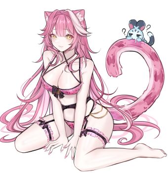 1girl absurdres animal_ear_fluff animal_ears animal_print between_legs bikini breasts chattino_(raora_panthera) cleavage closed_mouth commentary double-parted_bangs fingernails frilled_thigh_strap full_body garter_belt hair_intakes hand_between_legs highres hololive hololive_english large_breasts leopard_print leopard_print_bikini long_hair looking_at_viewer multi-strapped_bikini_top multicolored_hair nail_polish panther_ears panther_girl panther_tail pink_bikini pink_hair pink_nails pink_streaks print_bikini raora_panthera rosheil simple_background sitting smile solo streaked_hair swimsuit tail thigh_strap very_long_hair virtual_youtuber wariza white_background yellow_eyes