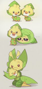 antennae artist_name evolutionary_line gen_5_pokemon grey_background highres leavanny multiple_views nintendo open_mouth pokemon pokemon_(creature) sewaddle simple_background swadloon tearing_up totennko