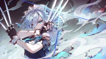 Rule 34 | 1girl, black gloves, blue eyes, commentary request, embodiment of scarlet devil, fingerless gloves, gloves, grey hair, highres, holding, holding weapon, izayoi sakuya, knife, kyusoukyu, maid, maid headdress, scar, scar on face, short hair, solo, throwing knife, torn clothes, touhou, weapon