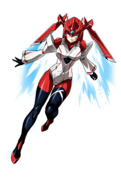 1girl absurdres black_boots black_gloves blue_eyes bodysuit bodysuit_under_clothes boots breasts character_request color_timer commentary_request detached_sleeves energy gloves glowing glowing_eyes helmet highres jinrouki_winvurga_hangyaku-hen leotard long_sleeves mecha medium_breasts narrow_waist red_bodysuit red_helmet robot science_fiction serious slim_legs thigh_boots thrusters tsunashima_shirou white_leotard white_sleeves