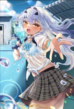 1girl absurdres blush breasts fate/grand_order fate_(series) forked_eyebrows highres klash long_hair looking_at_viewer melusine_(fate) open_mouth shirt sidelocks skirt small_breasts smile solo water_gun white_hair yellow_eyes