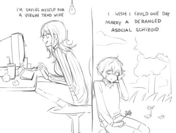 1boy 1girl 7011yu alternate_hairstyle breasts chair closed_eyes closed_mouth cloud collared_shirt computer computer_keyboard crying cup disposable_cup english_text faust_(project_moon) flower grass indoors large_breasts light_bulb monochrome n_corp._fanatic_(identity)_(project_moon) no_pants official_alternate_costume official_alternate_hair_length official_alternate_hairstyle on_chair outdoors paper school_uniform shirt shorts sinclair_(project_moon) sitting sketch smile squatting sweater tree turtleneck turtleneck_sweater typing