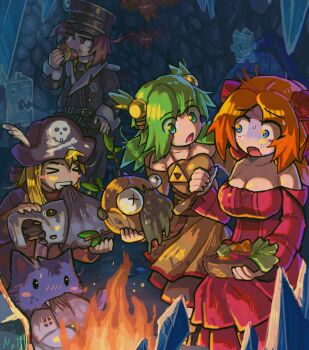 &gt;_&lt; 2boys 2girls anna_(epic_battle_fantasy) bare_shoulders blonde_hair blue_eyes brown_dress cat commentary_request dress eating epic_battle_fantasy green_eyes green_hair lance_(epic_battle_fantasy) matt_(epic_battle_fantasy) multiple_boys multiple_girls natalie_(epic_battle_fantasy) nato(nat_a) nolegs_(epic_battle_fantasy) orange_hair red_dress red_eyes red_hair salad triforce